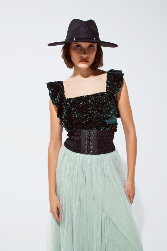 Q2 Top cropped in paillettes di colore verde con spalline larghe