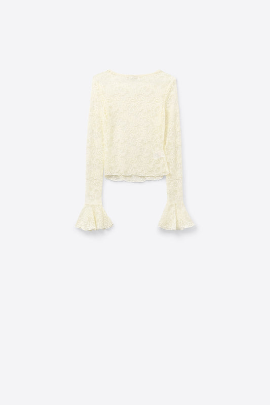 Top di pizzo color crema con maniche lunghe svasate e volant