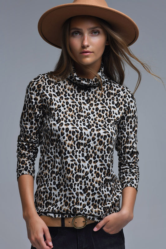 Q2 Top dolcevita a maniche lunghe con stampa leopardata marrone