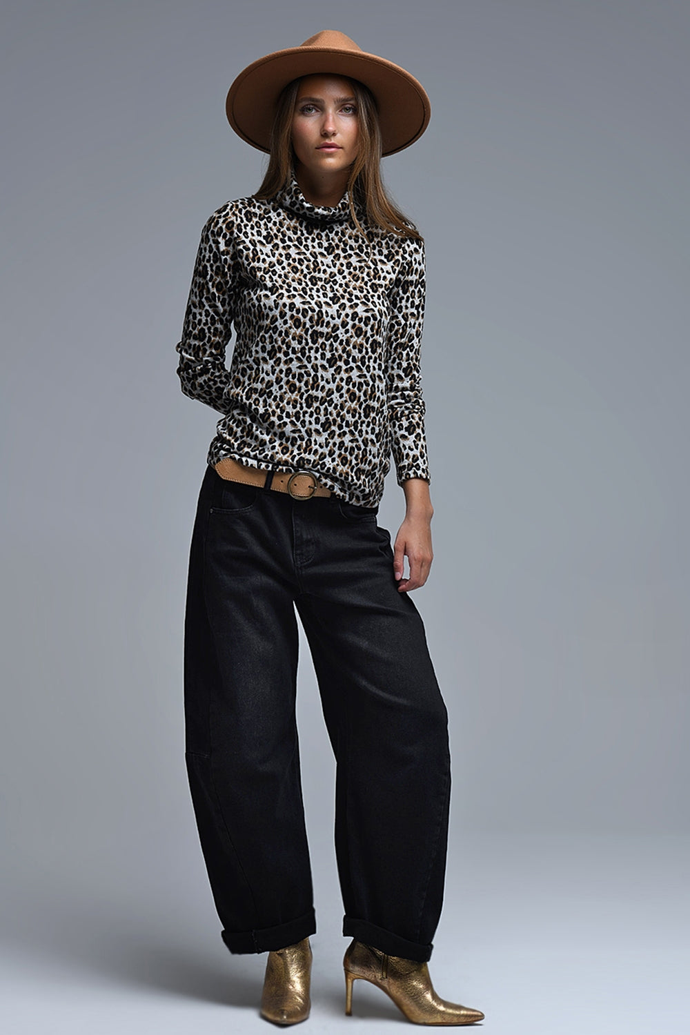Top dolcevita a maniche lunghe con stampa leopardata marrone