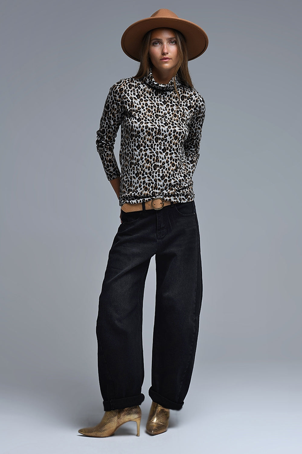 Top dolcevita a maniche lunghe con stampa leopardata marrone