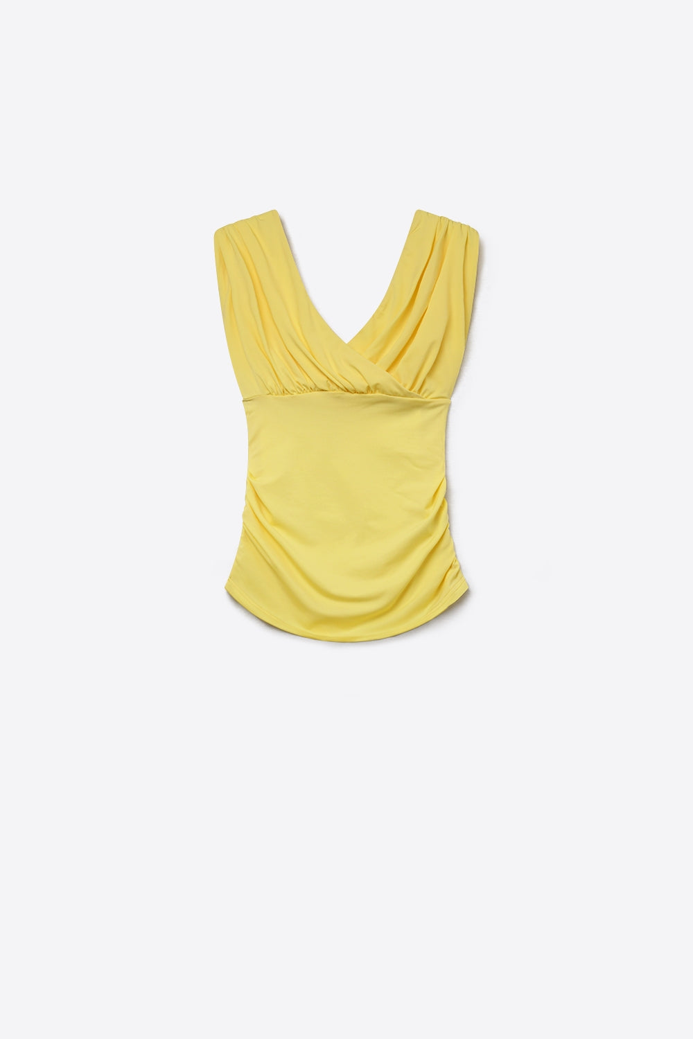 Top giallo senza maniche con drappeggio anteriore avvolgente