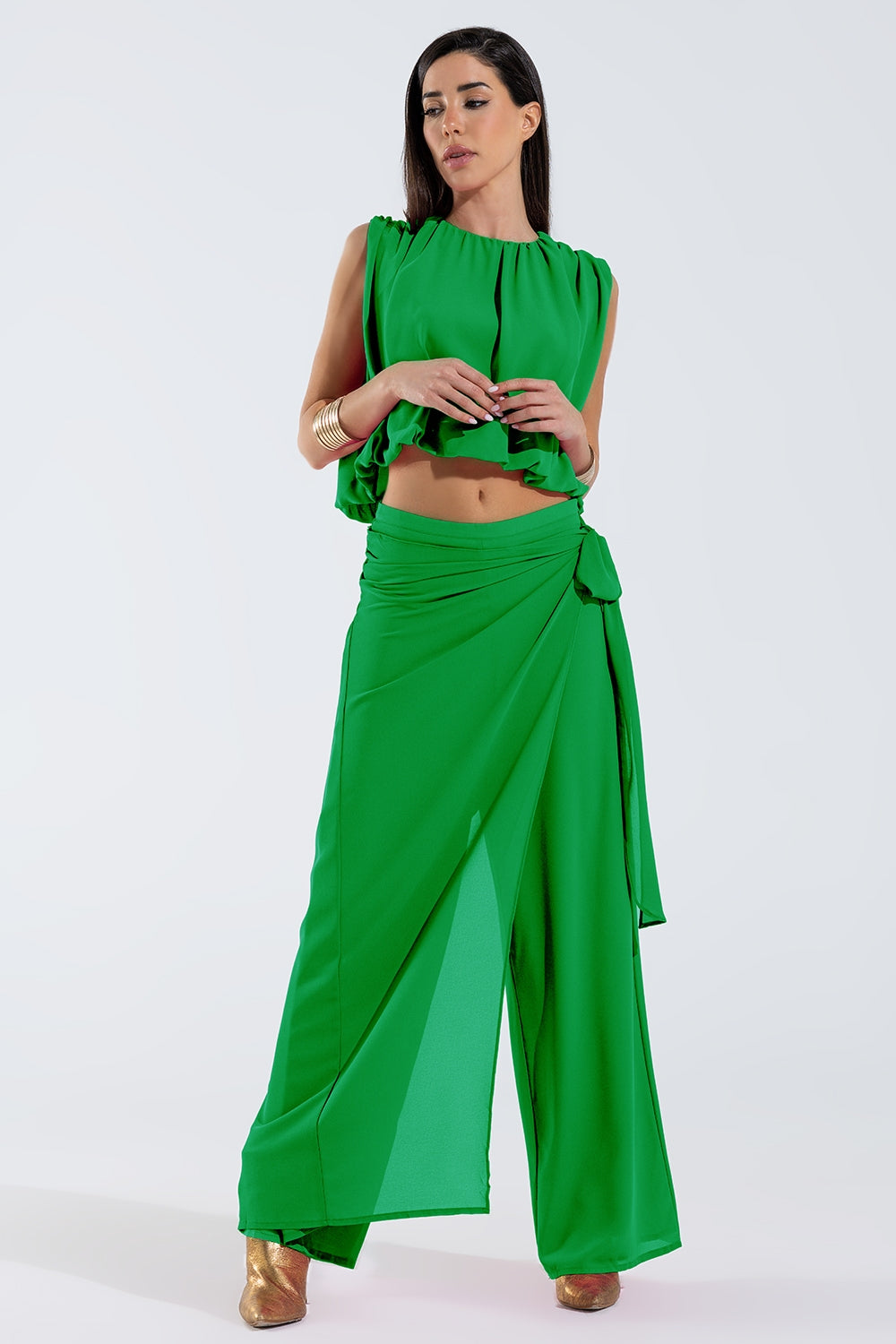 Top in chiffon verde con ruche