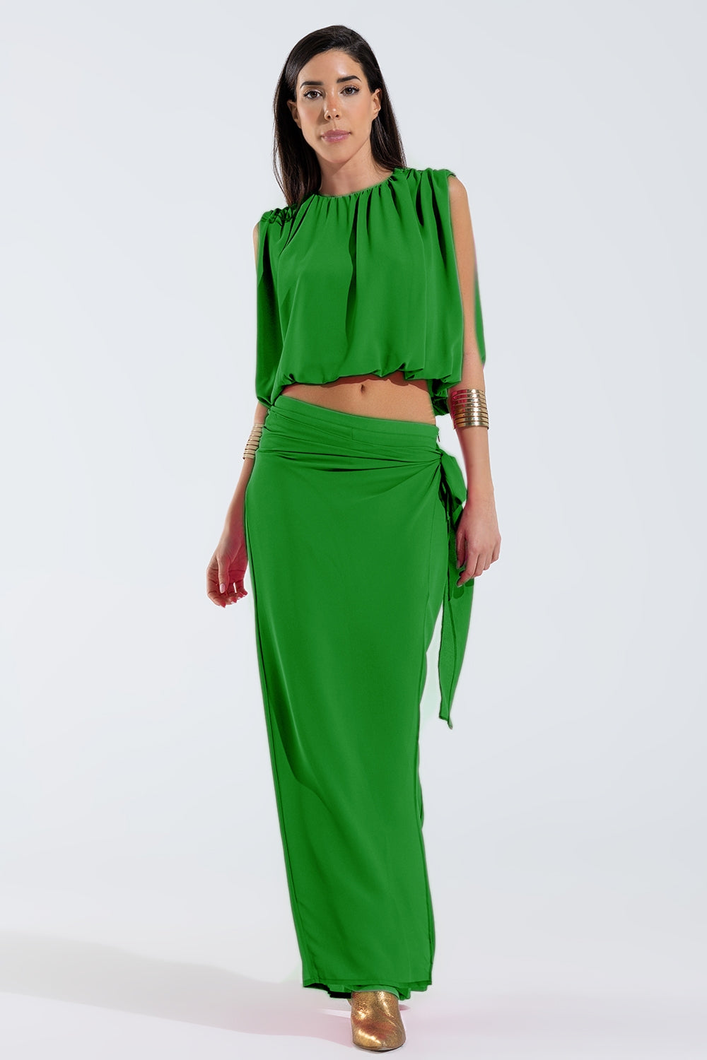 Top in chiffon verde con ruche