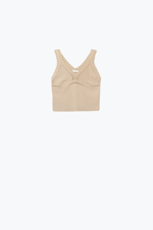 Q2 Top in maglia a coste beige con scollo a V smerlato