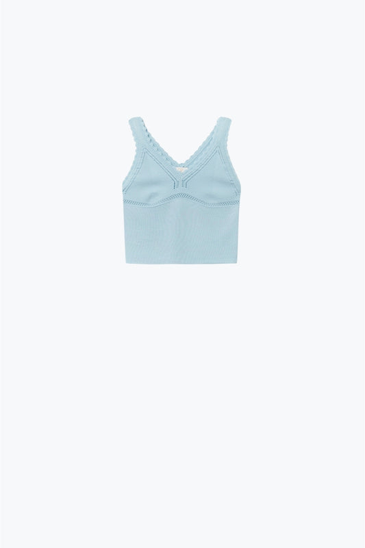 Q2 Top in maglia a coste blu baby con scollo a V smerlato
