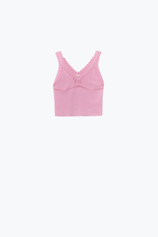 Q2 Top in maglia a coste rosa con scollo a V smerlato