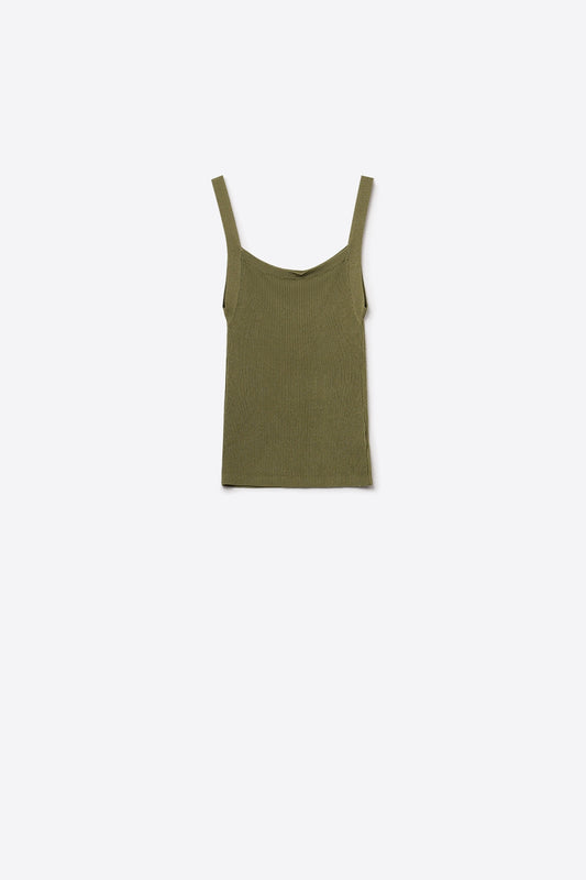 Q2 Top in maglia a coste verde kaki con spalline larghe