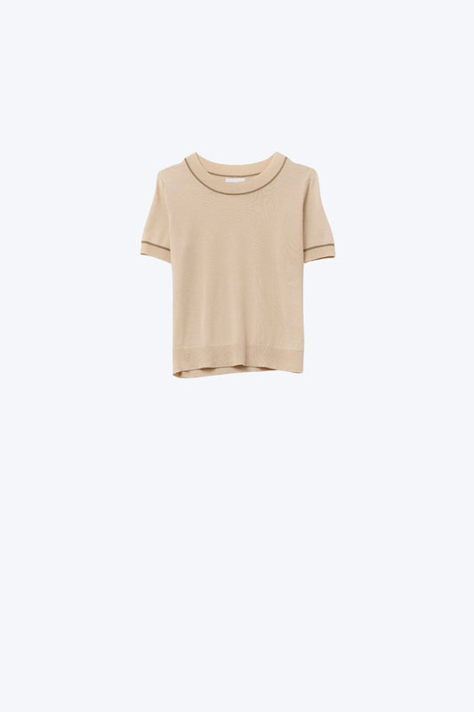 Q2 Top in maglia a maniche corte beige con finiture a contrasto color cammello