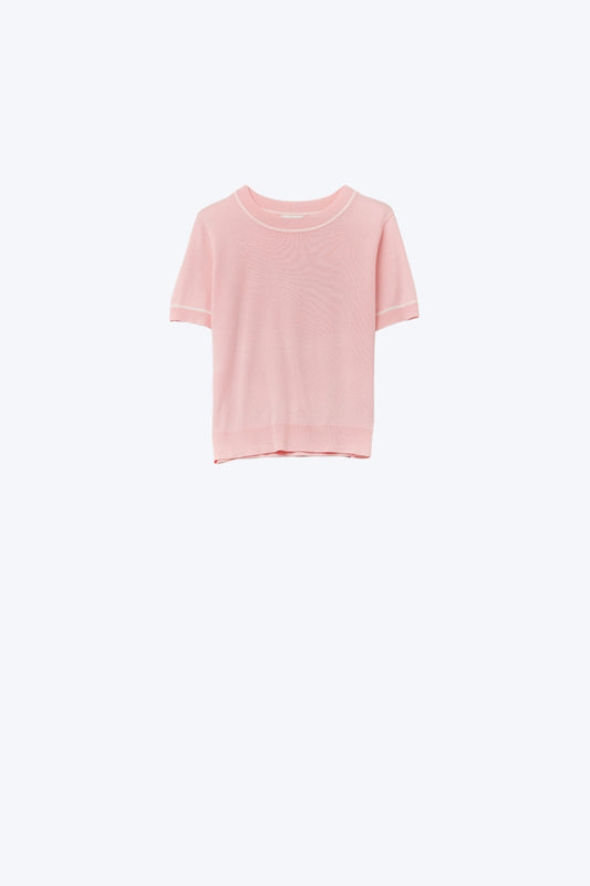 Q2 Top in maglia a maniche corte rosa chiaro con finiture bianche a contrasto