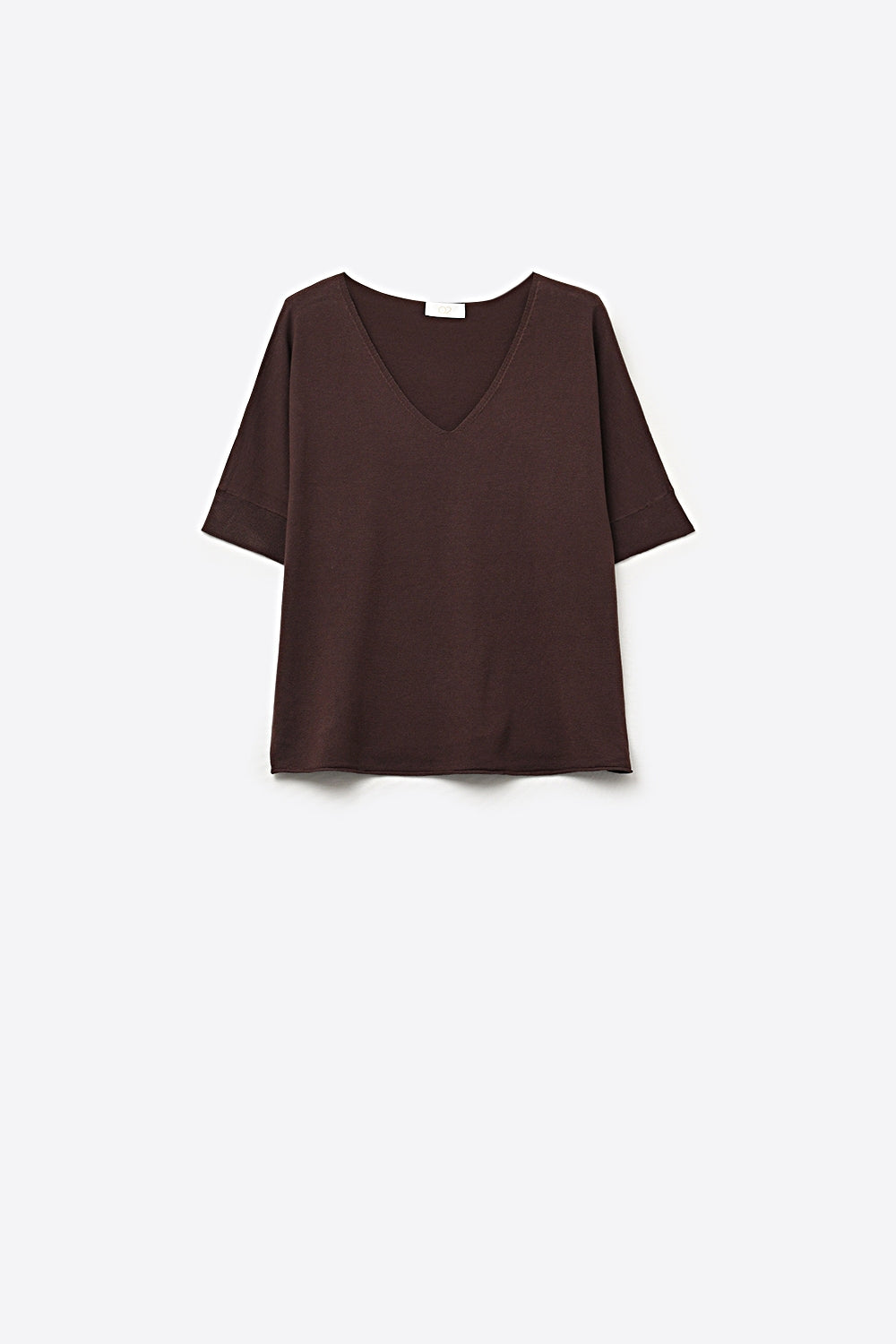 Q2 Top in maglia marrone con scollo a V rilassato e maniche corte