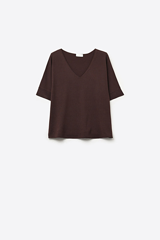 Q2 Top in maglia marrone con scollo a V rilassato e maniche corte