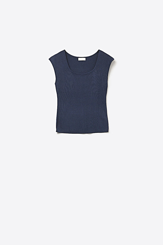 Q2 Top in maglia senza maniche a coste blu navy per stratificare