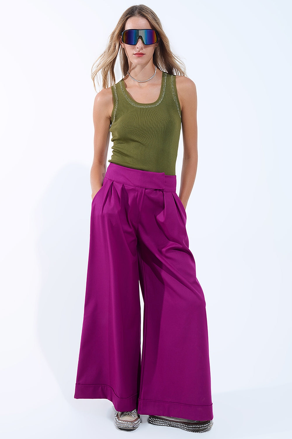 Top in maglia senza maniche Olive con finiture metalliche