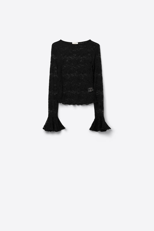 Top in pizzo nero con maniche lunghe a campana e volant