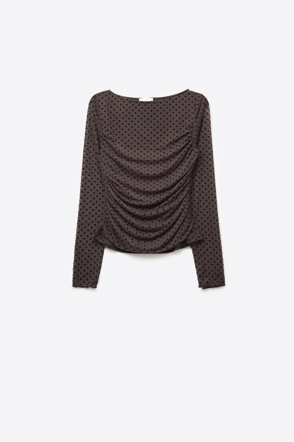 Top marrone a pois in tessuto elasticizzato trasparente