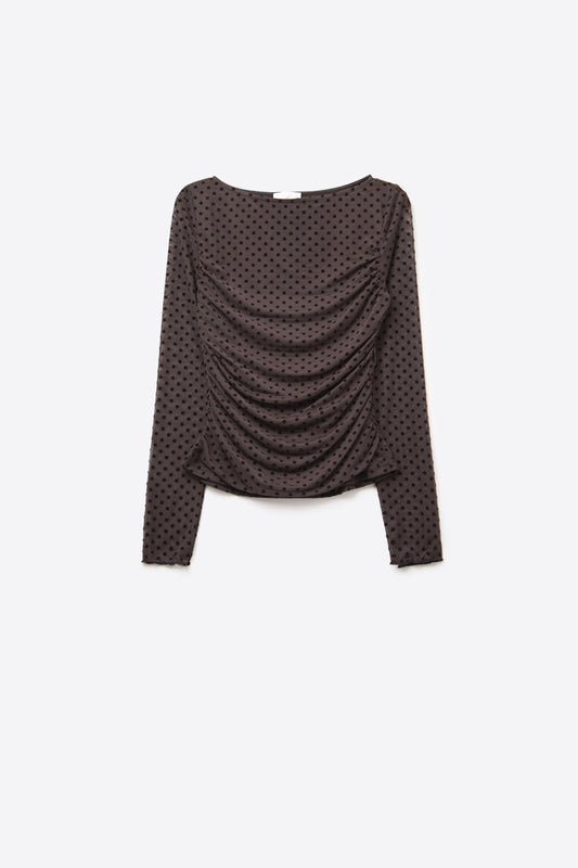 Top marrone a pois in tessuto elasticizzato trasparente