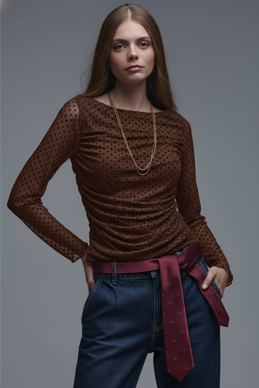 Top marrone a pois in tessuto elasticizzato trasparente