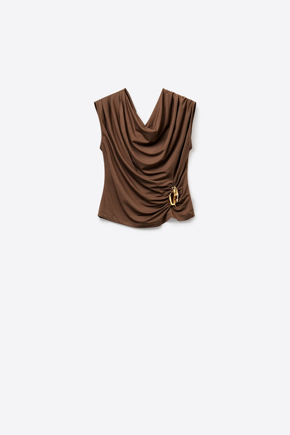 Top Marrone Senza Maniche Drappeggiato Con Decorazione in Metallo Dorato