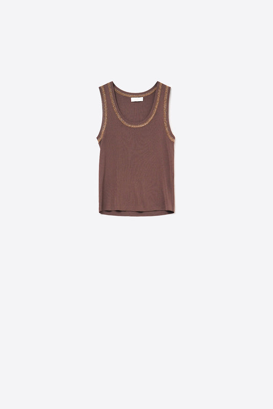 Q2 Top marrone senza maniche in maglia con finiture metalliche