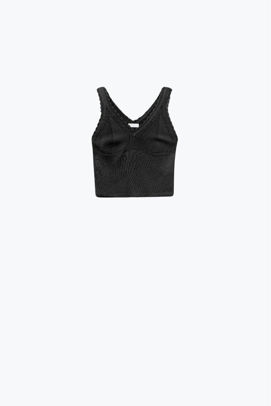 Q2 Top nero in maglia con scollo a V e bordi smerlati