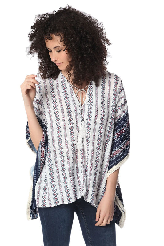 Q2 Top oversize stile poncho con motivo tribale blu navy