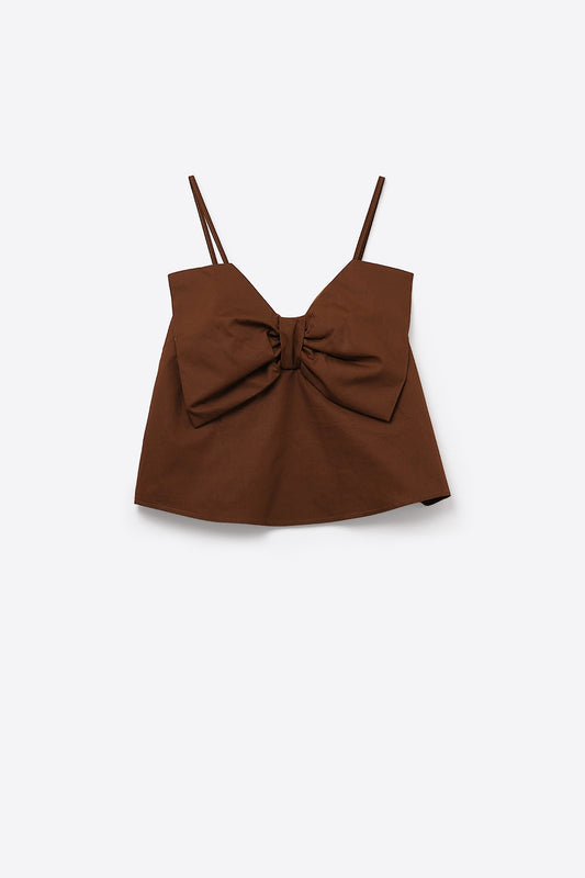 Top popeline marrone cioccolato con dettaglio fiocco