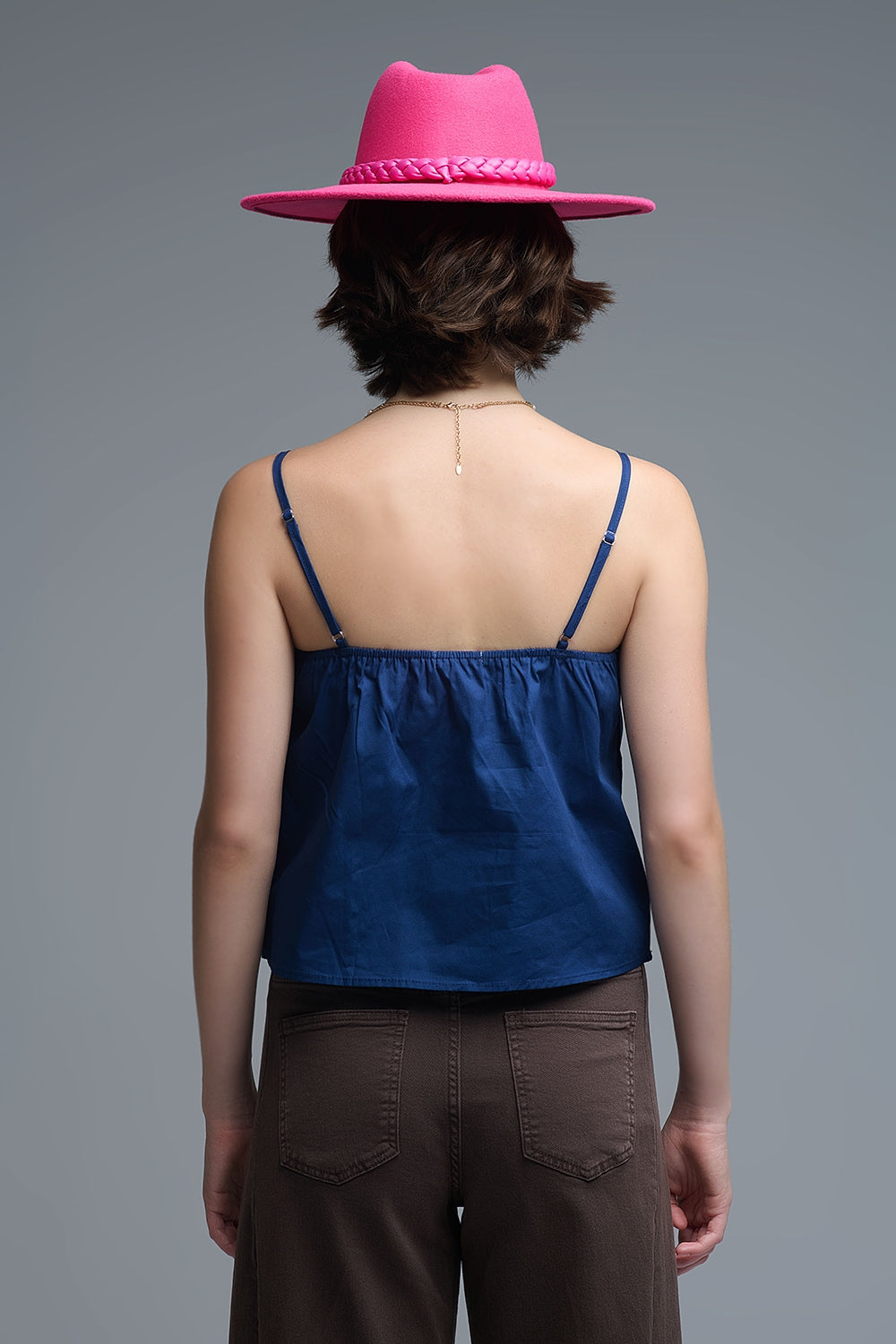 Top popeline navy con fiocco