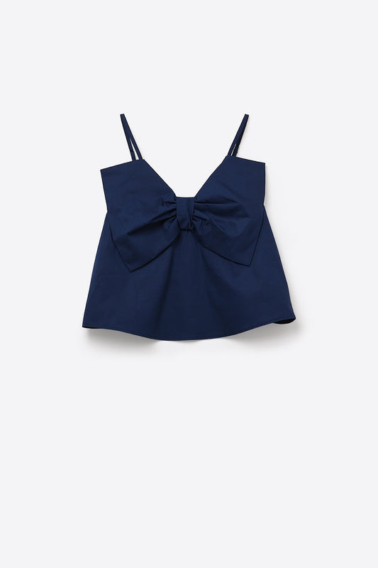 Top popeline navy con fiocco