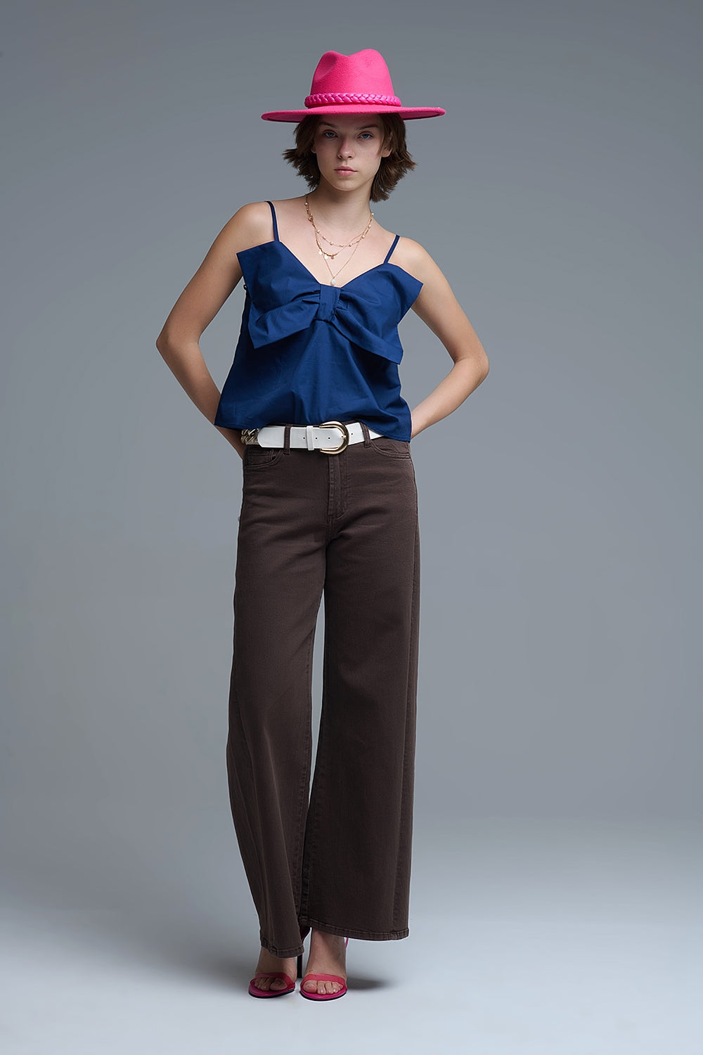 Top popeline navy con fiocco