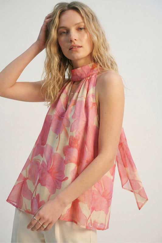Q2 Top rosa in chiffon morbido e floreale
