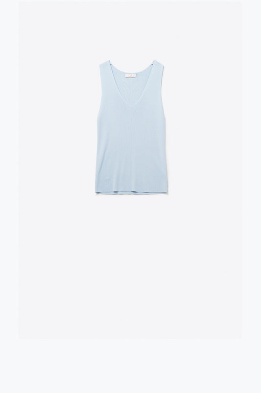 Q2 top senza maniche a maglia fine azzurro con scollo a V