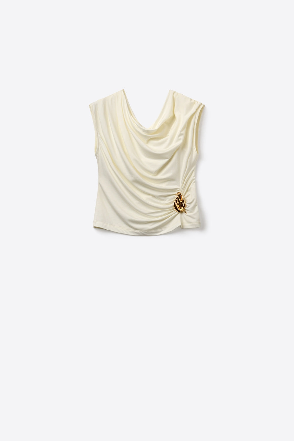 Top Senza Maniche Drappeggiato Crema Con Decorazione in Metallo Dorato