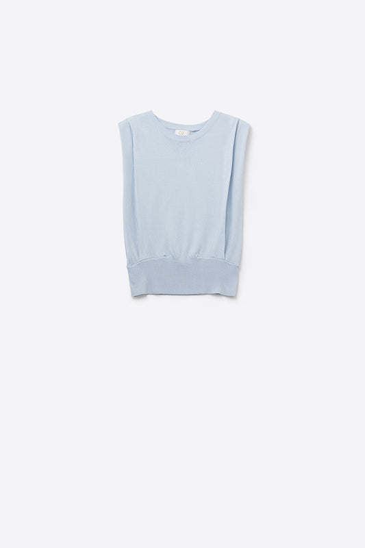 Q2 Top senza maniche in maglia con drappeggio sulle spalle in blu baby