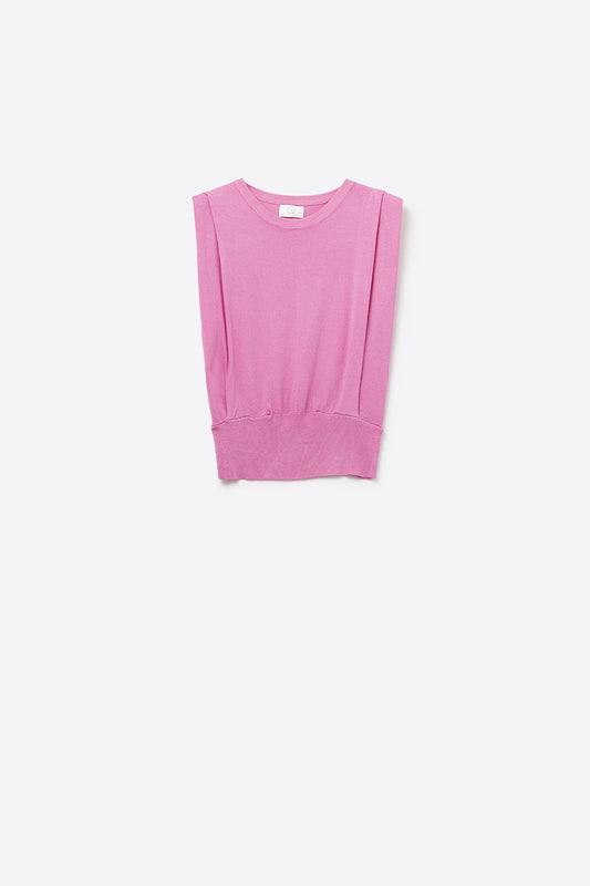 Q2 Top senza maniche in maglia con drappeggio sulle spalle in fucsia