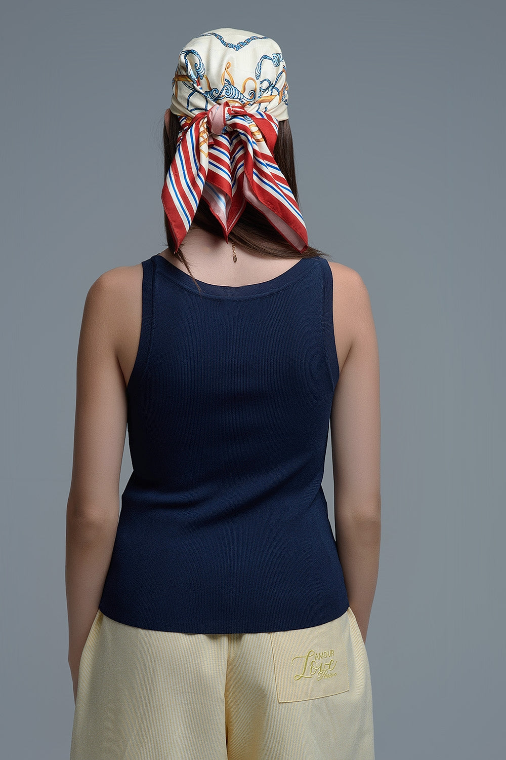Top senza maniche in maglia fine a coste Navy