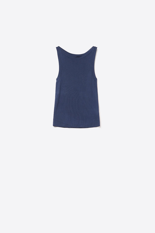 Q2 Top senza maniche in maglia fine a coste Navy