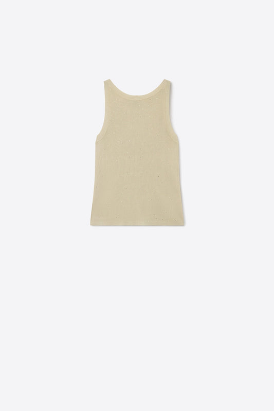 Q2 Top senza maniche in maglia fine beige con sottili glitter