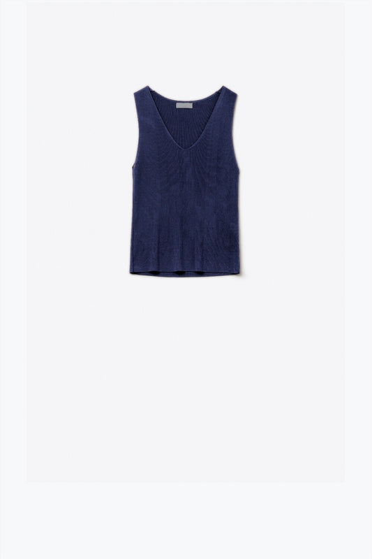 Q2 Top senza maniche in maglia fine blu navy con scollo a V