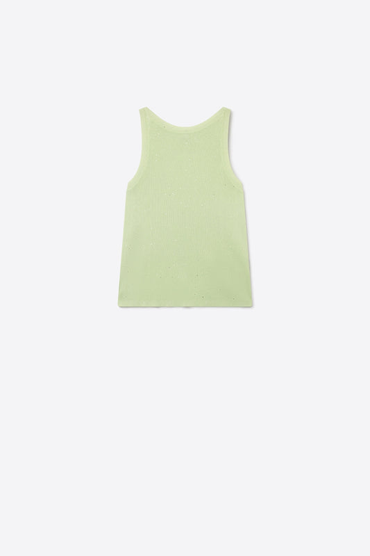 Q2 Top senza maniche in maglia fine di menta con sottili glitter