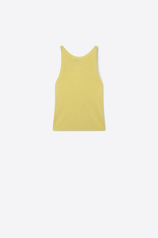 Q2 Top senza maniche in maglia fine gialla maculata