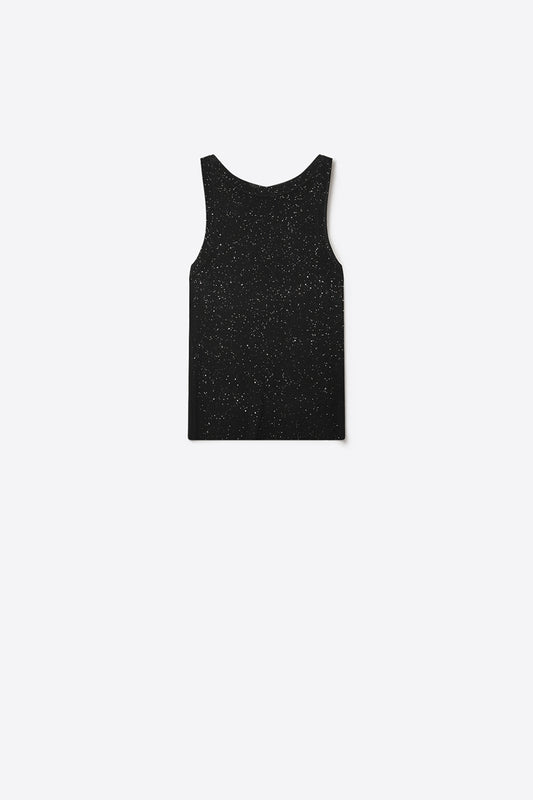 Q2 Top senza maniche in maglia fine glitterata nera