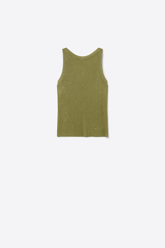 Q2 Top senza maniche in maglia fine oliva con glitter