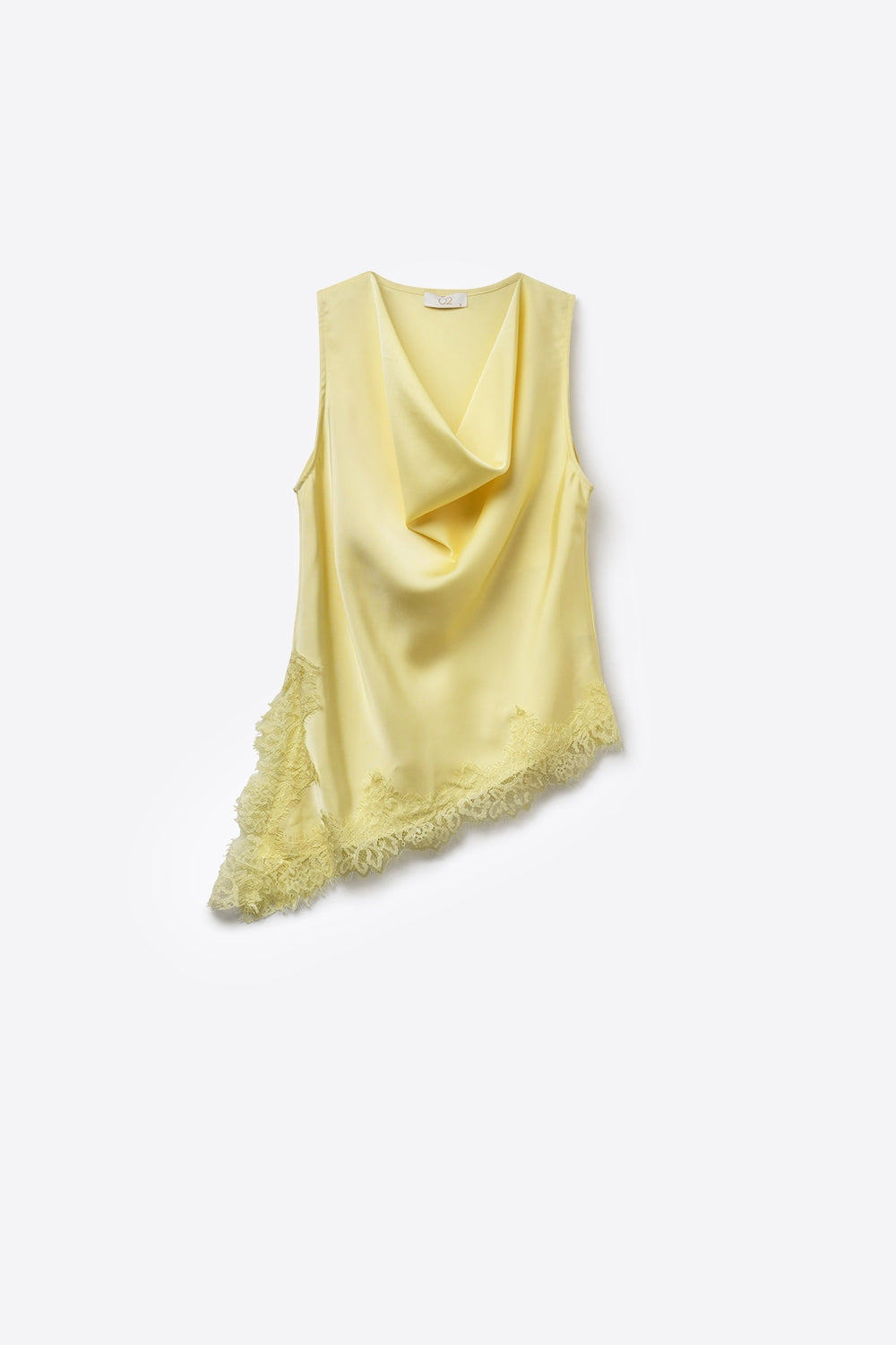Top senza maniche in raso giallo con bordi in pizzo