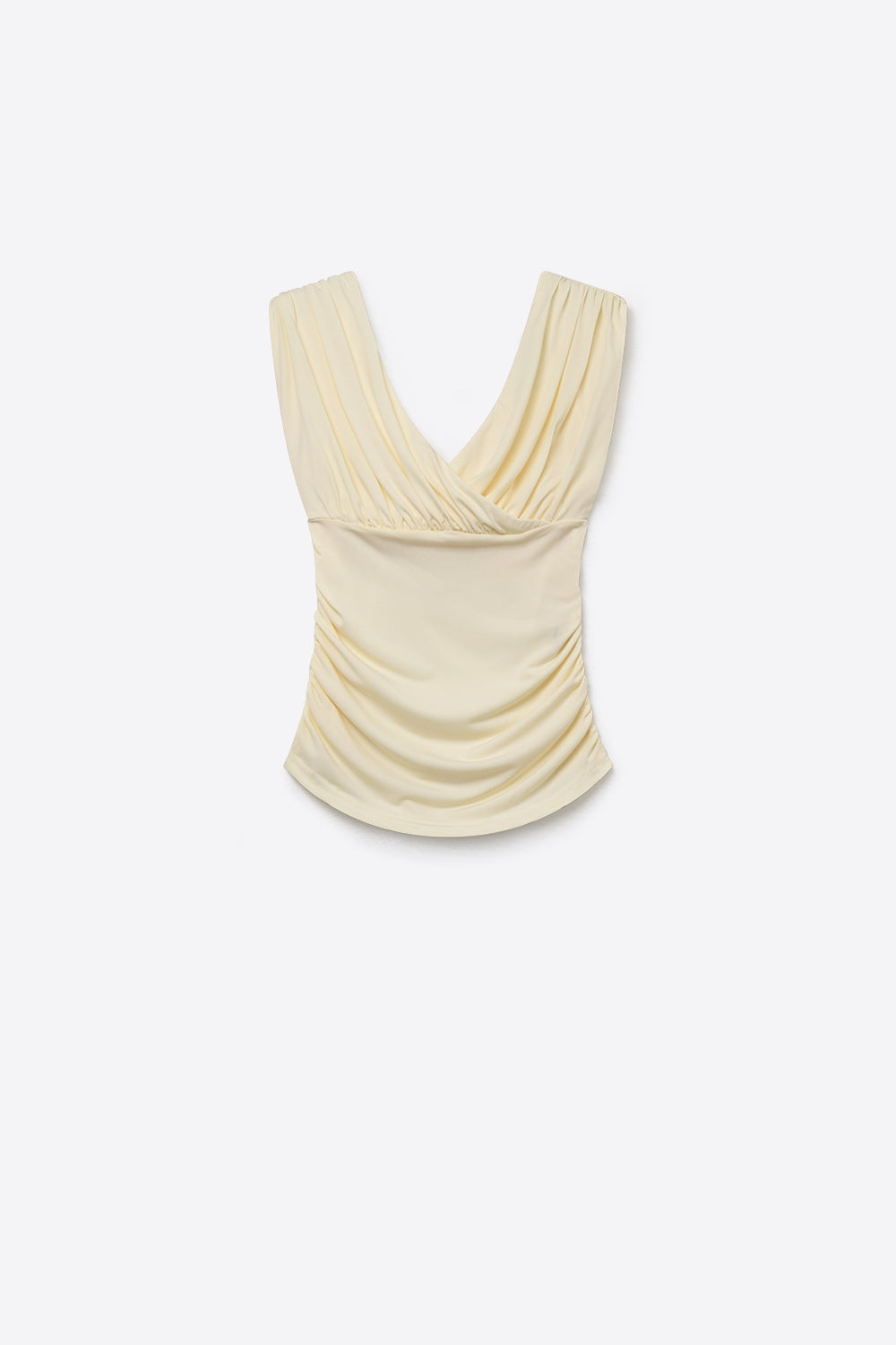 Top Senza Maniche in Tessuto Elasticizzato Crema con Davanti Drappeggiato Arricciato