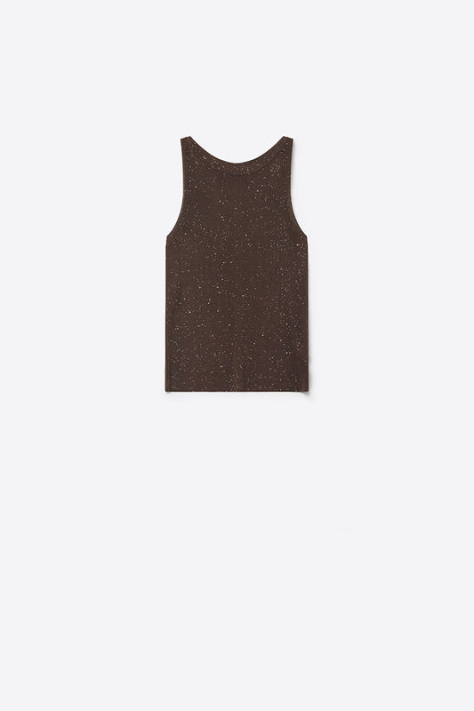 Q2 Top smanicato in maglia fine glitterato di colore marrone