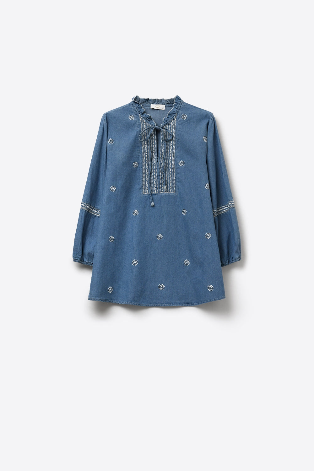 Tunica in denim ricamata con scollo a balze e cravatta sul davanti