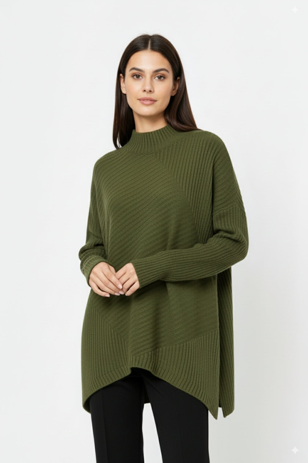 Tunica in maglia a coste asimmetrica Khaki