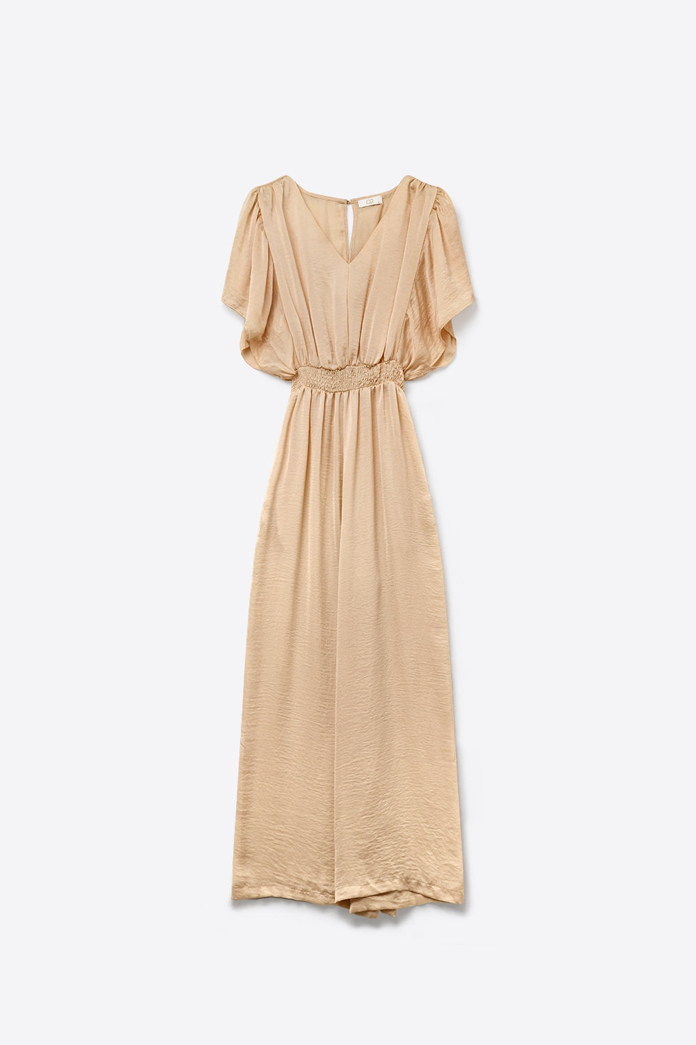 Tuta beige in raso con scollo a V e vita definita