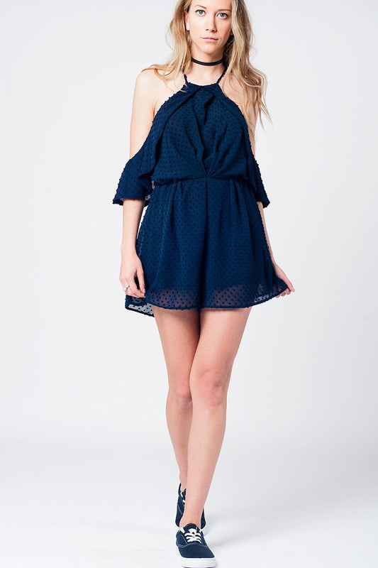 Q2 Tuta corta navy strutturata con spalle scoperte
